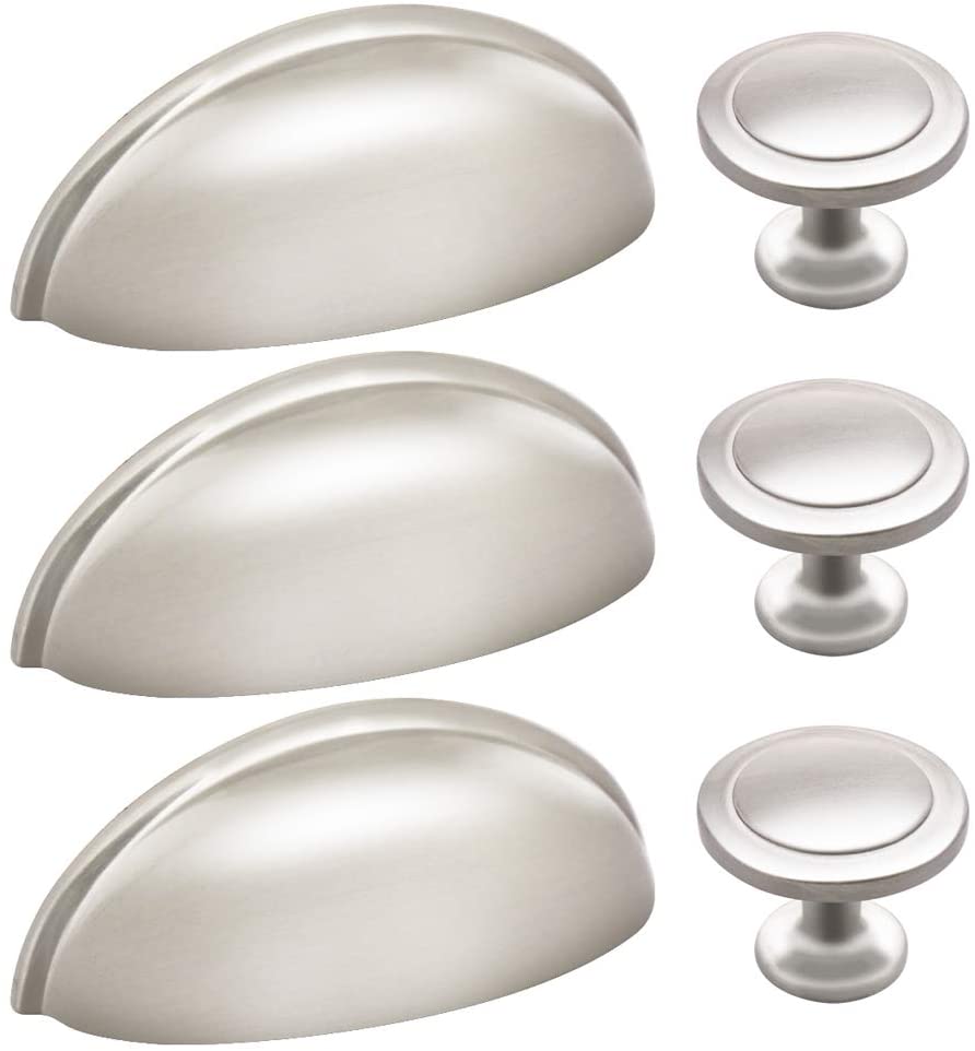 30Packs Kitchen Cabinet Cup Pulls, Sunriver 15 Pcs Brushed Nickel Bin Cup Handles and 15Pcs Knobs 3 Inch 76mm Stainless Steel Kitchen Cabinet Hardware Cup Pull and Knob Set