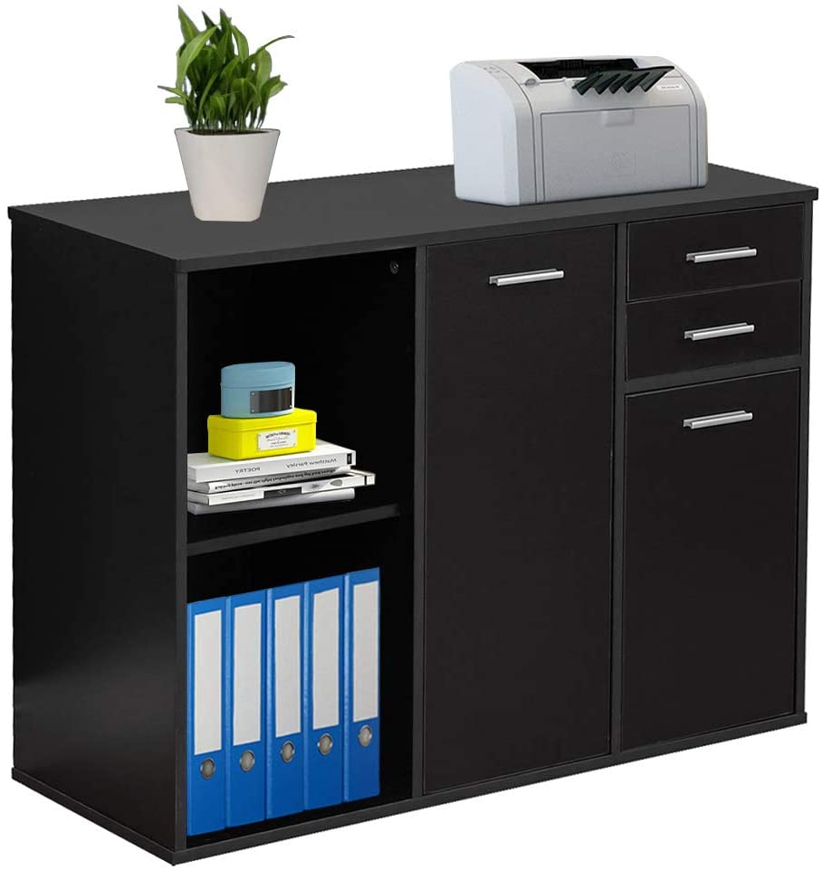 Bizzoelife Wood File Cabinet, Large Modern Lateral Office Filing Cabinet with 2-Drawers and 3 Drawer Doors, Printer Stand with Open Storage Shelves for Home Office (Black)