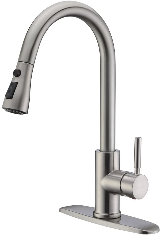 WEWE Single Handle High Arc Brushed Nickel Pull Out Kitchen Faucet,Single Level Stainless Steel Kitchen Sink Faucets with Pull Down Sprayer