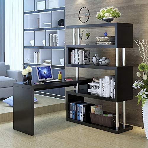 Zlolia Modern L-Shaped Home Office Desk,Rotating Computer Table with 5-Story Bookshelf,PC Laptop Table Corner Desk Workstation Larger Gaming Desk Easy to Assemble