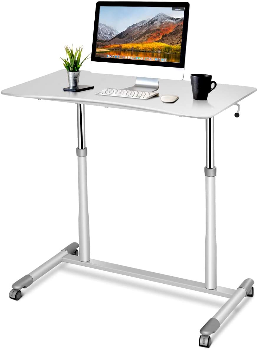 Tangkula Standing Desk Computer Desk, Height Adjustable Desk Sit Stand Desk with 4 Movable Wheels, Portable Writing Study Laptop Table of Iron Pipe Frame, MDF, PVC Tabletop - White