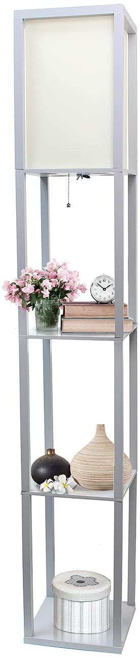 Simple Designs Home LF1014-GRY Etagere Organizer Storage Shelf Linen Shade Floor Lamp, Gray