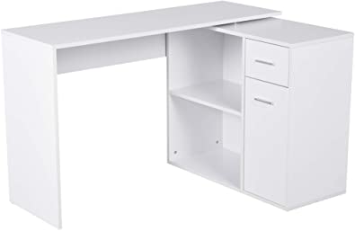 HOMCOM L Shaped Computer Desk Workstation with Storage Shelves and Cabinet for Home & Office Contemporary Style, White