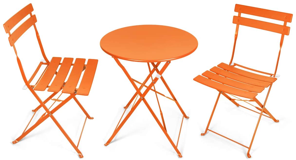 Pationate Patio Folding Bistro Set Small Outdoor Porch Steel 3 Piece Set with Round Table and Chairs (Carrot)