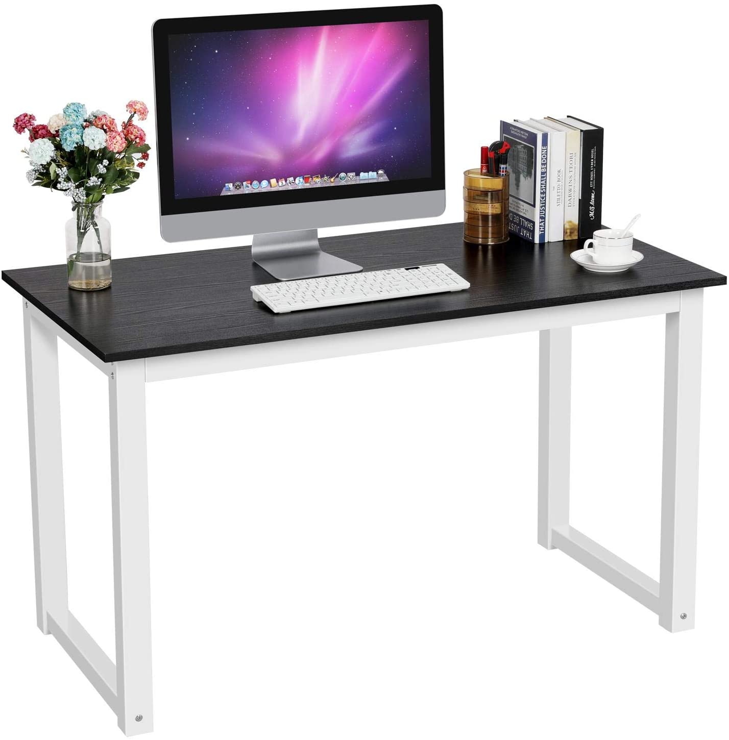 Yaheetech Simple Computer Desk, PC Laptop Writing Study Table, Gaming Computer Table, Workstation Wood Desktop Metal Frame, Modern Home Office Furniture