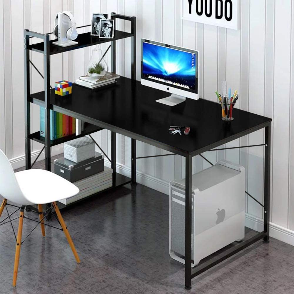 Tower Computer Desk with 4 Tier Shelves - 47.6'' Multi Level Writing Study Table with Bookshelves Modern Steel Frame Wood Desk Compact Home Office Workstation (Black)