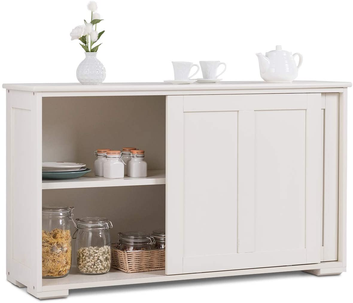 Costzon Kitchen Storage Sideboard, Antique Stackable Cabinet for Home Cupboard Buffet Dining Room(White with Sliding Door)