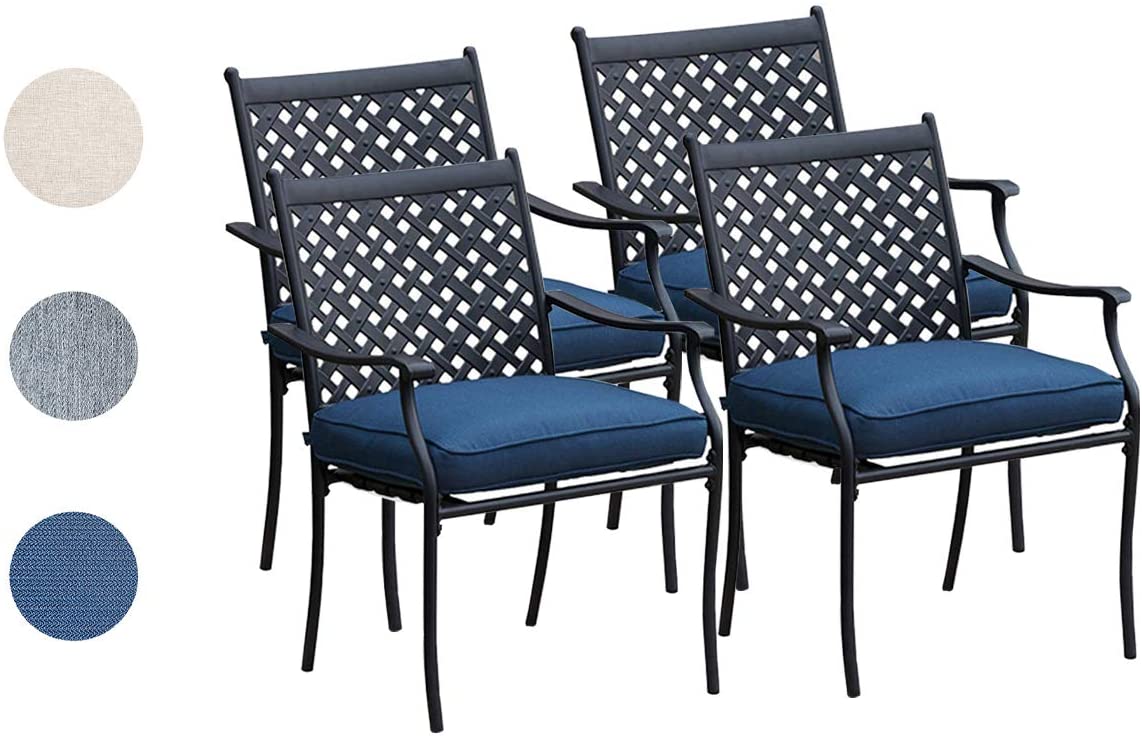 Top Space 4 Piece Metal Outdoor Wrought Iron Patio Furniture,Dinning Chairs Set with Arms and Seat Cushions (4 PC, Blue)