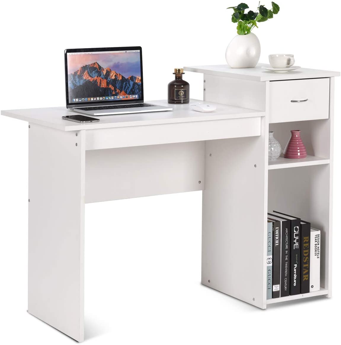 Tangkula Computer Desk, Home Office Wooden PC Laptop Desk, Modern Simple Style Wood Study Workstation, Writing Table with Storage Drawer & Shelves, Wooden Furniture (White)