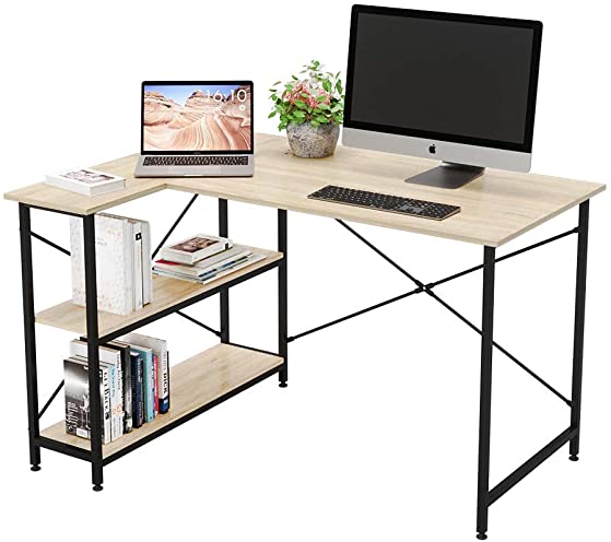 Bestier Computer Desk with Storage Shelves Under Desk, Small L-Shaped Corner Desk with Shelves 47 Inch Writing Desk Table with Storage Tower Shelf Home Office Desk for Small Spaces P2 Wood Oak