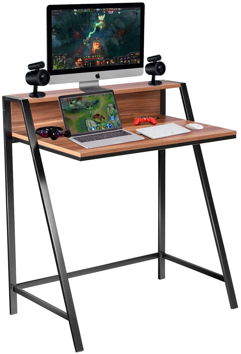 Tangkula Small Gaming Desk, 2 Tier Computer Desk, Home Office Wood Sturdy Frame Compact Writing Table for Small Place, Apartment Dom Office Furniture Sofa Bed Table, Study Writing Table