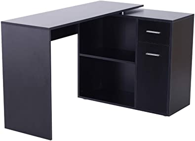 HOMCOM L Shaped Computer Desk Workstation with Storage Shelves and Cabinet for Home & Office Contemporary Style, Black