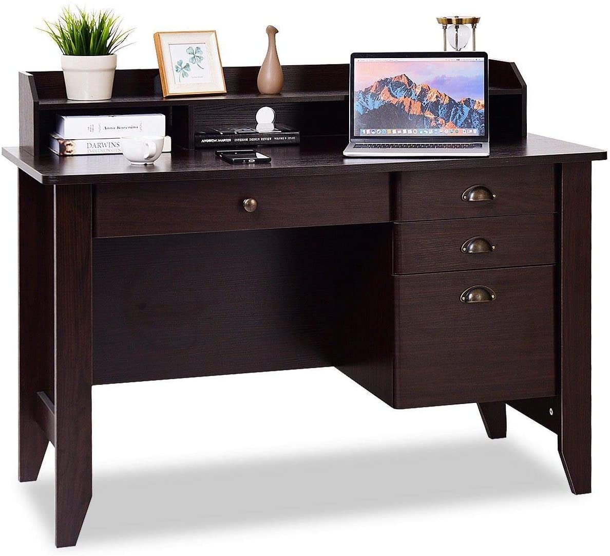 Tangkula Computer Desk, Home Office Desk, Wood Frame Vintage Style Student Table with 4 Drawers & Bookshelf, PC Laptop Notebook Desk, Spacious Workstation Writing Study Table (Brown)
