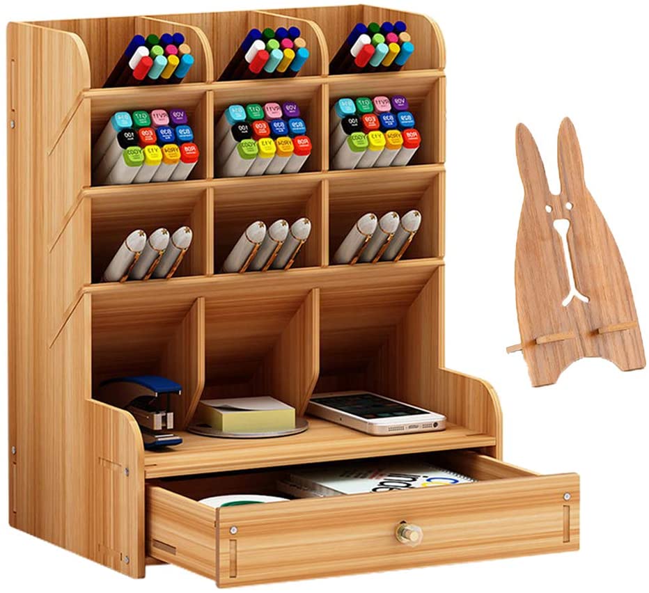 Marbrasse Wooden Desk Organizer, Multi-Functional DIY Pen Holder Box, Desktop Stationary, Easy Assembly,Home Office Supply Storage Rack with Drawer (B11-Cherry Color)