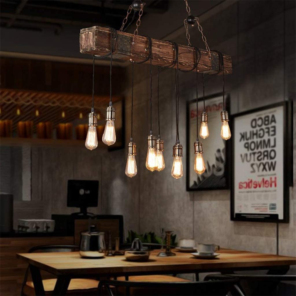 10-Lights Chandelier Wooden Retro Rustic Pendant Light - Industrial Suspension Light line can be Adjusted Freely - Distressed Wood Chandelier for Dining Table Vintage Kitchen, Bar, Island, Billiard.