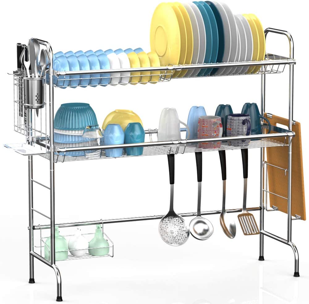 Over the Sink Dish Drying Rack, Veckle 2 Tier Dish Rack Easy Install Dish Drainer Non-Slip Stainless Steel Dish Dryer, Utensil Holder Cutting Board Holder Kitchen Counter Shelf Storage Rack, Silver