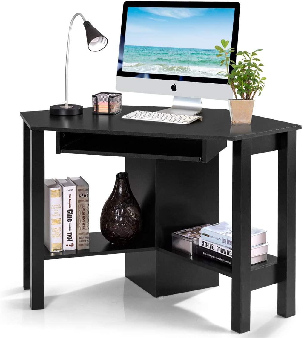 Tangkula Corner Desk, Corner Computer Desk, Wood Compact Home Office Desk, Laptop PC Table Writing Study Table, Workstation with Smooth Keyboard Tray & Storage Shelves (Not 90 Degrees)