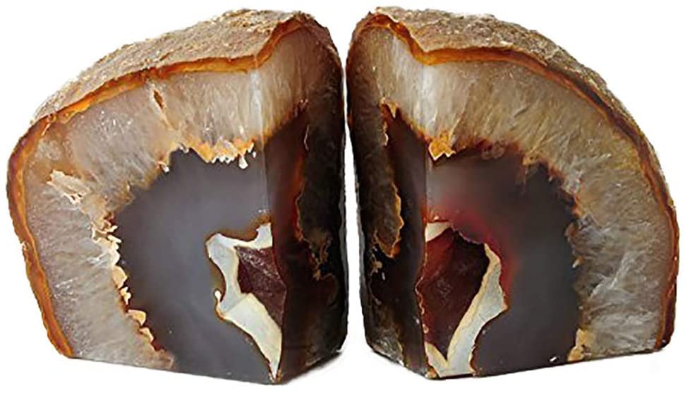 AMOYSTONE Agate Bookends Shelve Decor Stone Book Ends for Heavy Books Nature Brown with Rubber Bumper(1 Pair, 3-4 LBS)