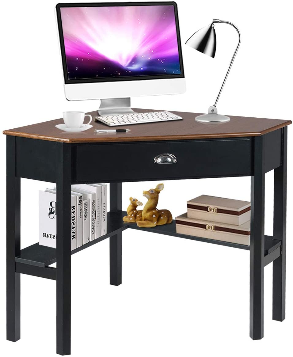 Tangkula Corner Desk, Corner Computer Desk, Wood Compact Home Office Desk, Laptop PC Table Writing Study Table, Workstation with Storage Drawer & Shelves (Coffee & Black)