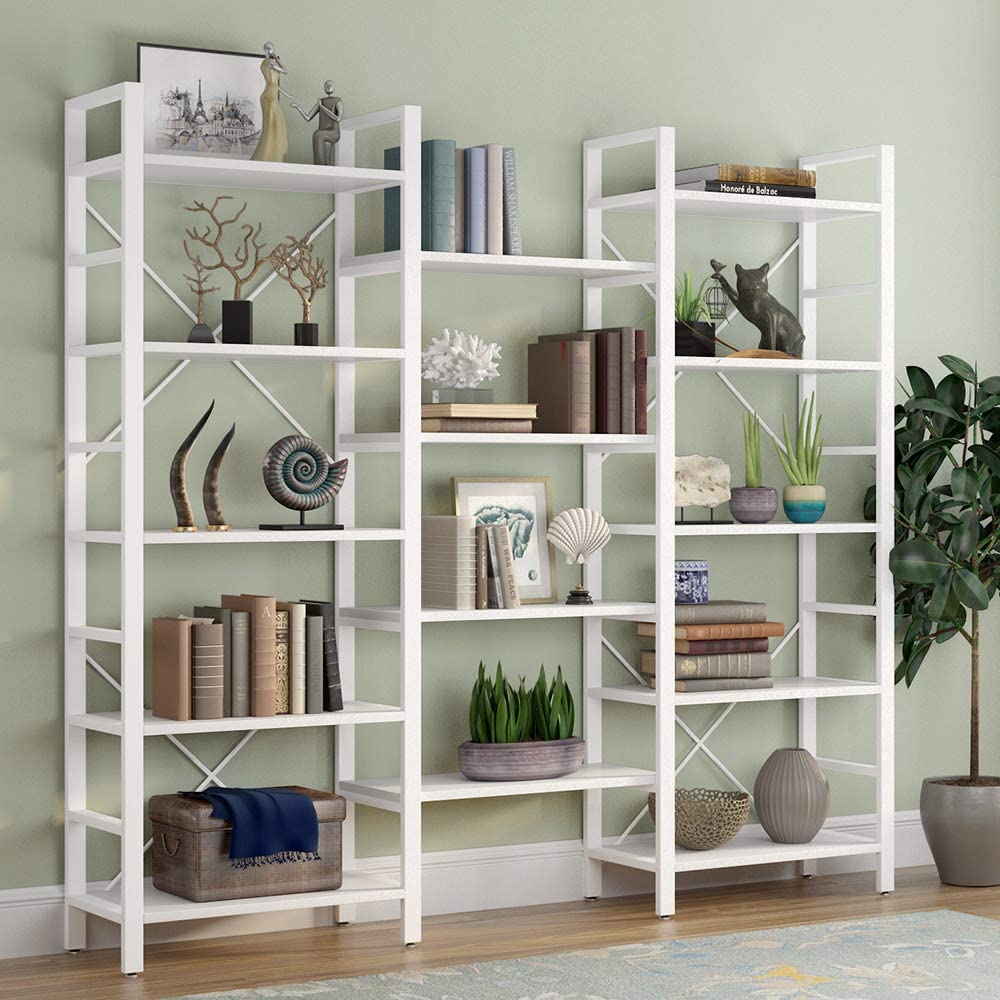 Tribesigns Triple Wide 5-Shelf Bookcase, Etagere Large Open Bookshelf Vintage Industrial Style Shelves Wood and Metal bookcases Furniture for Home & Office, All White