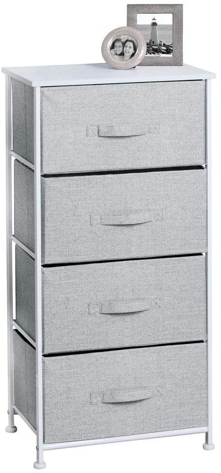 mDesign Vertical Furniture Storage Tower - Sturdy Steel Frame, Wood Top, Easy Pull Fabric Bins - Organizer Unit for Bedroom, Hallway, Entryway, Closets - Textured Print - 4 Drawers - Gray/White