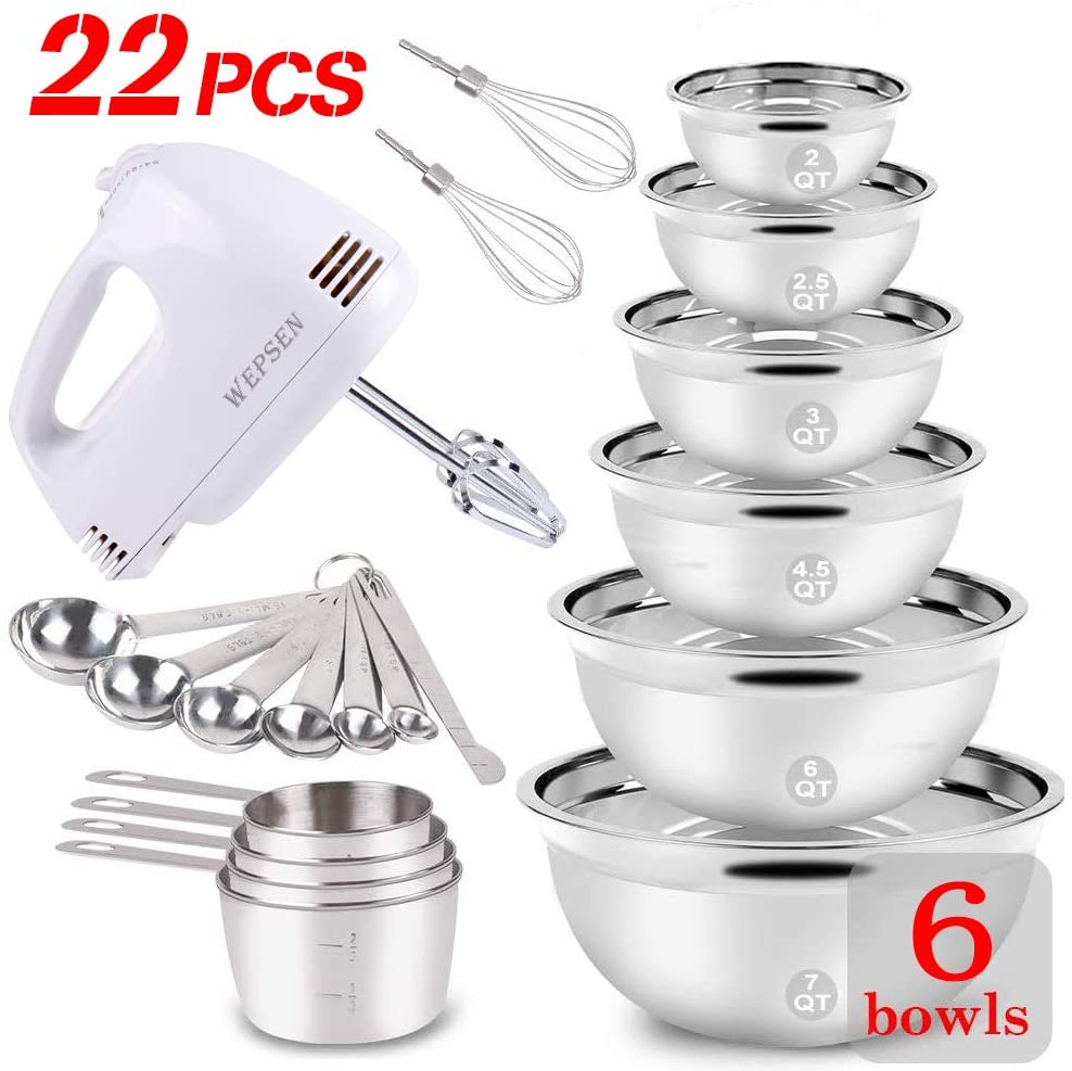 Electric Hand Mixer Mixing Bowls Set, Upgrade 5-Speeds Mixers with 6 Nesting Stainless Steel Mixing Bowl, Measuring Cups and Spoons Whisk Blender -Kitchen Baking Supplies For Cooking Bake Beginner