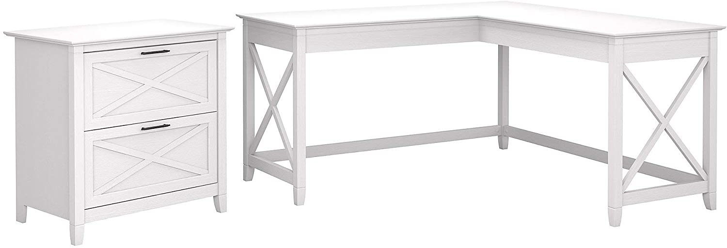 Bush Furniture Key West 60W L Shaped Desk with 2 Drawer Lateral File Cabinet, Pure White Oak