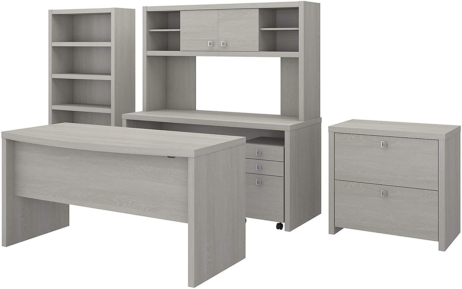 Bush Business Furniture Office by kathy ireland Echo Bow Front Desk, Credenza with Hutch, Bookcase and File Cabinets, Gray Sand