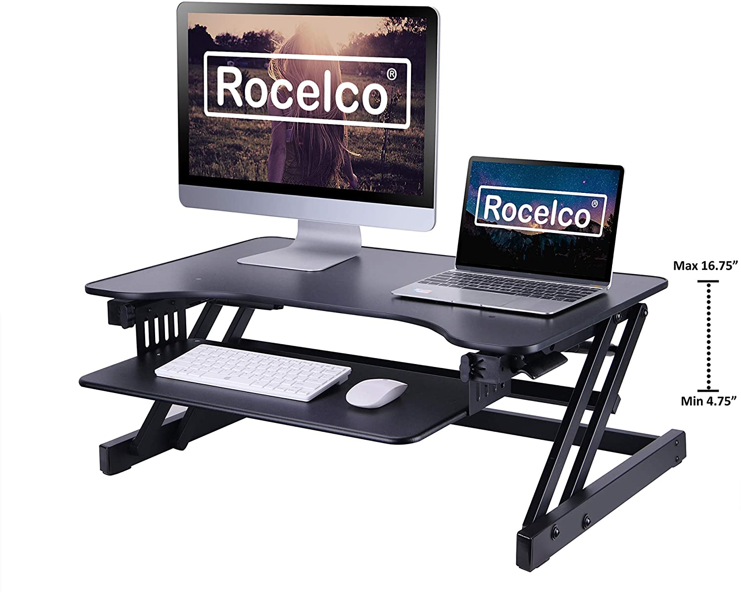Rocelco 32” Height Adjustable Standing Desk Converter | Quick Sit Stand Up Dual Monitor Riser | Gas Spring Assist Tabletop Computer Workstation | Large Retractable Keyboard Tray | Black (R ADRB)