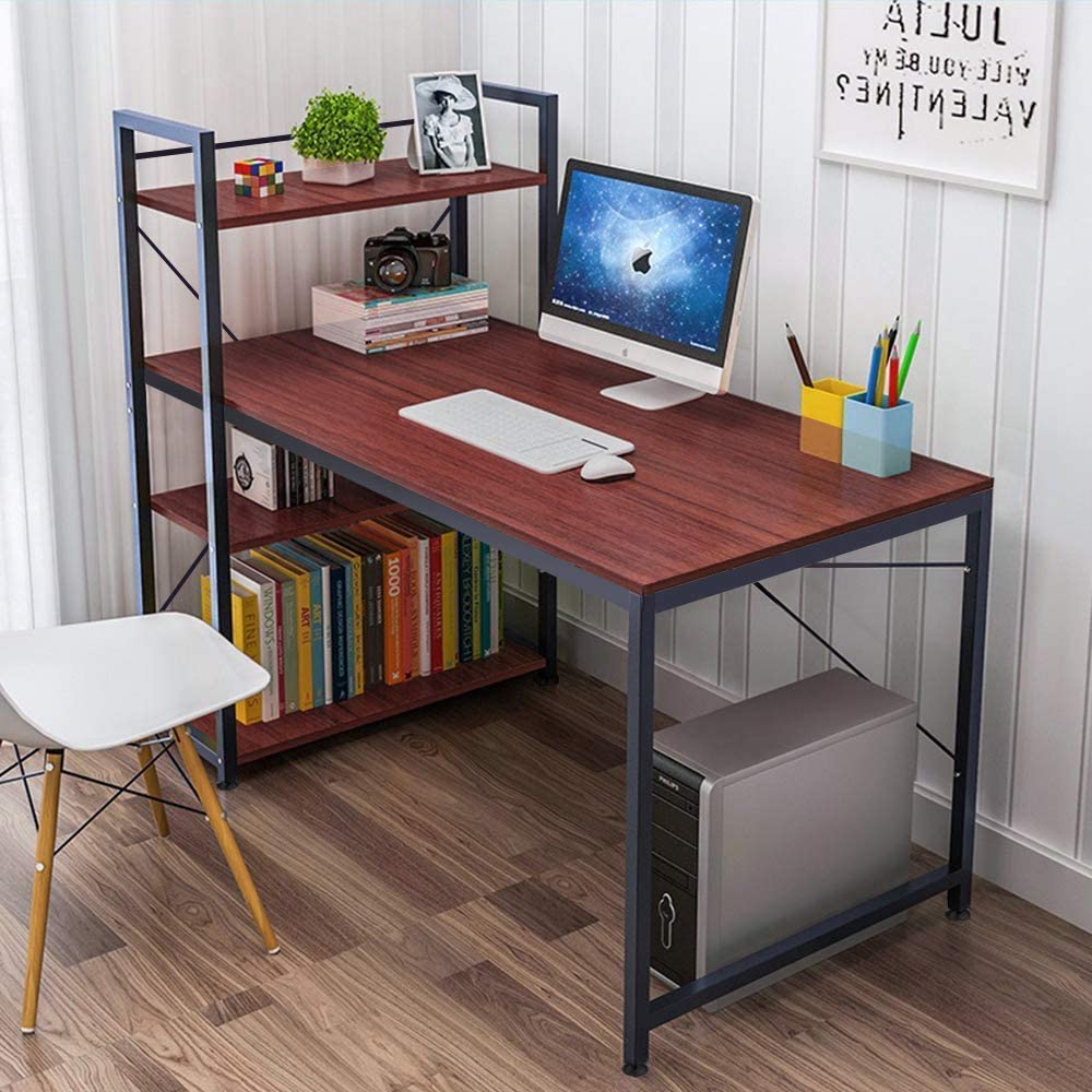 Tower Computer Desk with 4 Tier Shelves - 47.6'' Multi Level Writing Study Table with Bookshelves Modern Steel Frame Wood Desk Compact Home Office Workstation (Reddish Brown)