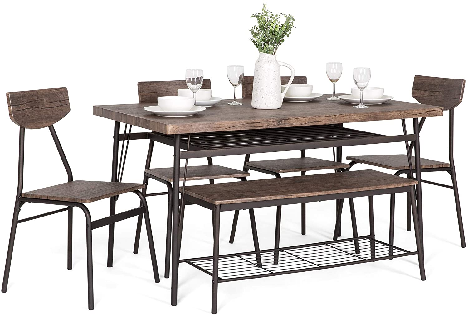 Best Choice Products 6-Piece 55in Modern Home Dining Set w/Storage Racks, Rectangular Table, Bench, 4 Chairs - Brown