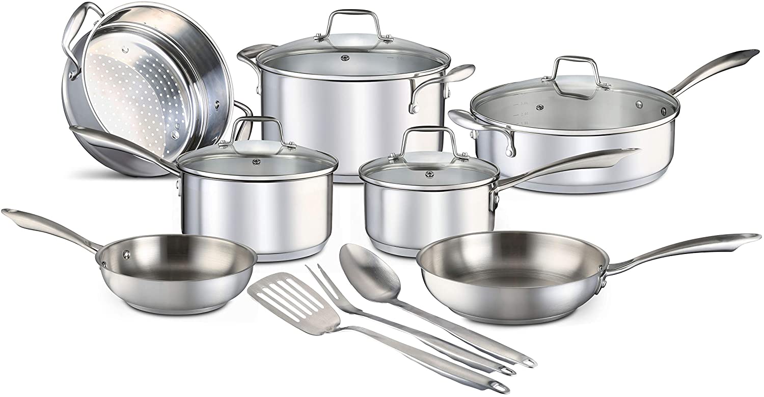 Chef's Star 14 Piece Stainless Steel Pots and Pans Set Professional Grade Kitchen Induction Cookware + Oven and Freezer Safe + Impact-Bonded Technology + Includes Three Cooking Utensils