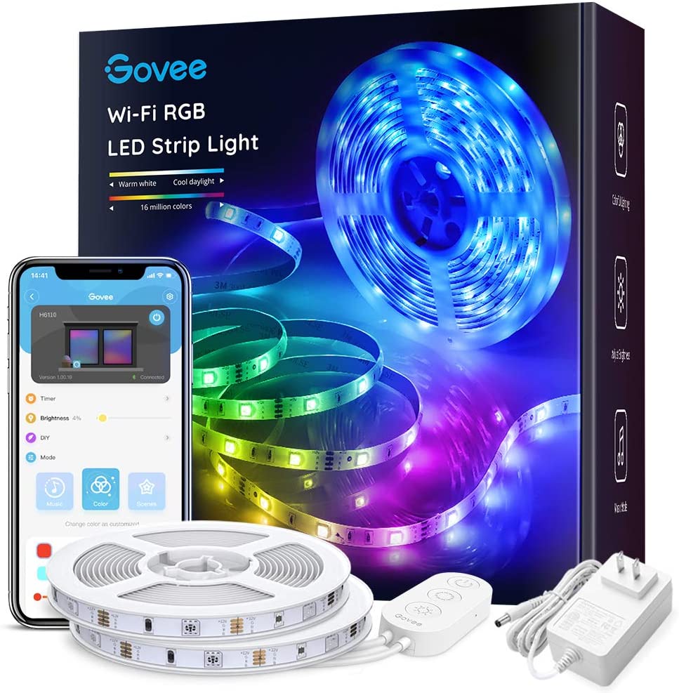 Govee 32.8ft LED Strip Lights Works with Alexa Google Home, Wireless Smart App Control RGB Light Strip Kit Music Sync for Room TV Kitchen Home Party, Bright 5050 LEDs, 16 Million Colors, Easy Install
