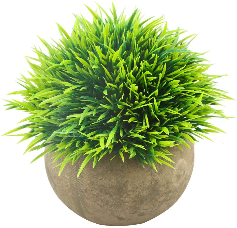 Svenee Mini Artificial Plants, Plastic Fake Green Grass Faux Greenery Topiary Shrubs with Grey Pots for Bathroom Home Office Décor, House Decorations (Green-A, 1)