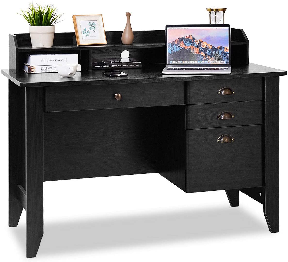Tangkula Computer Desk, Home Office Desk, Wood Frame Vintage Style Student Table with 4 Drawers & Bookshelf, PC Laptop Notebook Desk, Spacious Workstation Writing Study Table (Black)