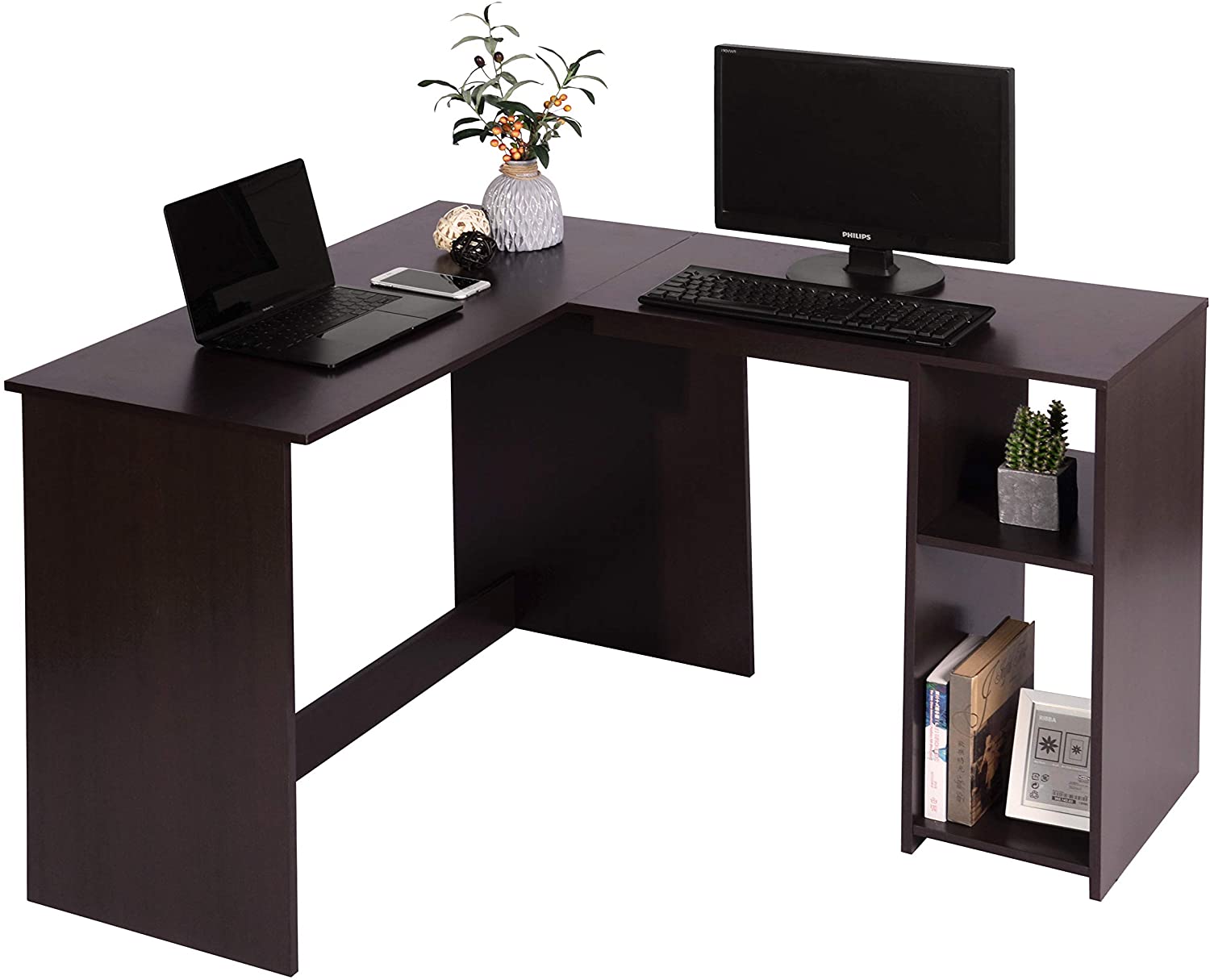 Corner Computer Desk L-Shaped Home Office Workstation Writing Study Table with 2 Storage Shelves, Espresso