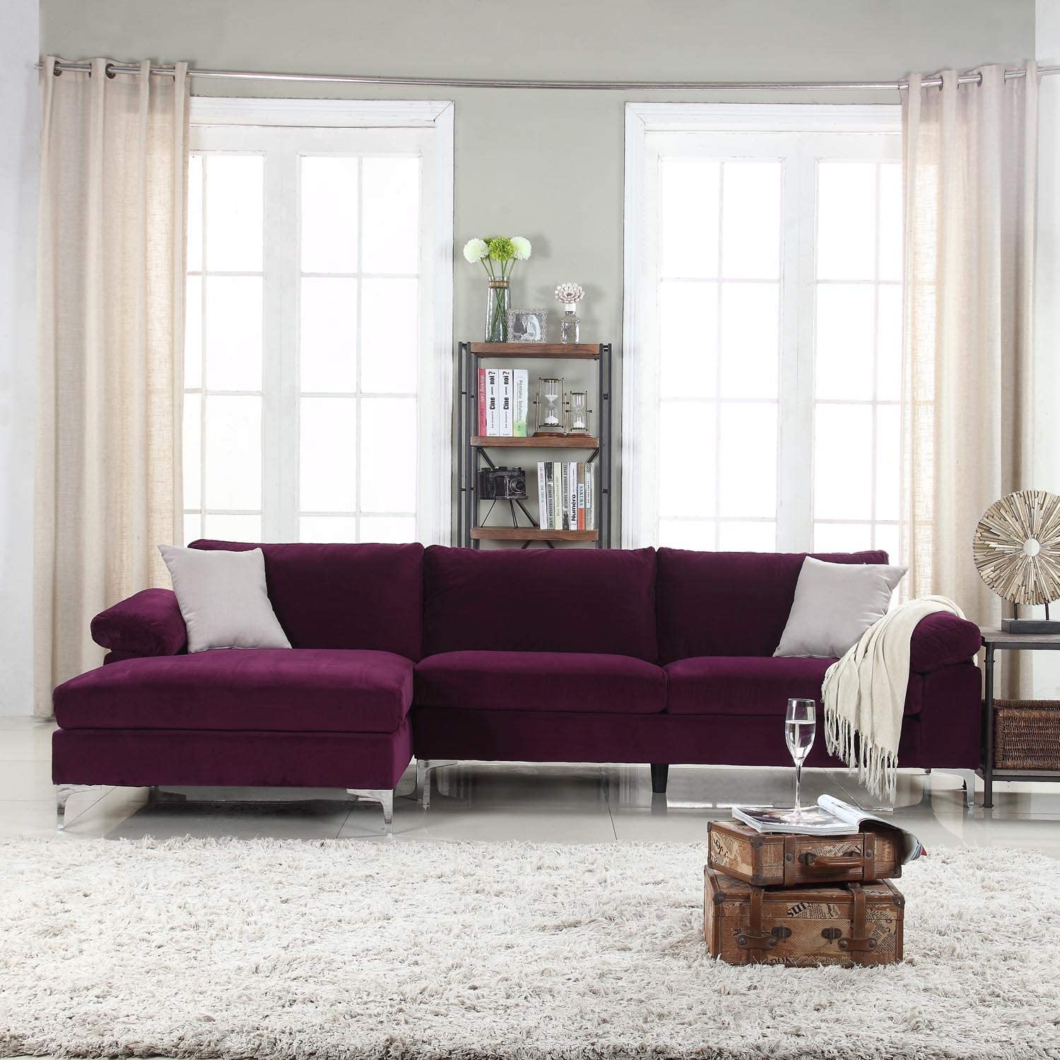 Divano Roma Furniture Modern Large Velvet Fabric Sectional Sofa, L-Shape Couch with Extra Wide Chaise Lounge (Purple)