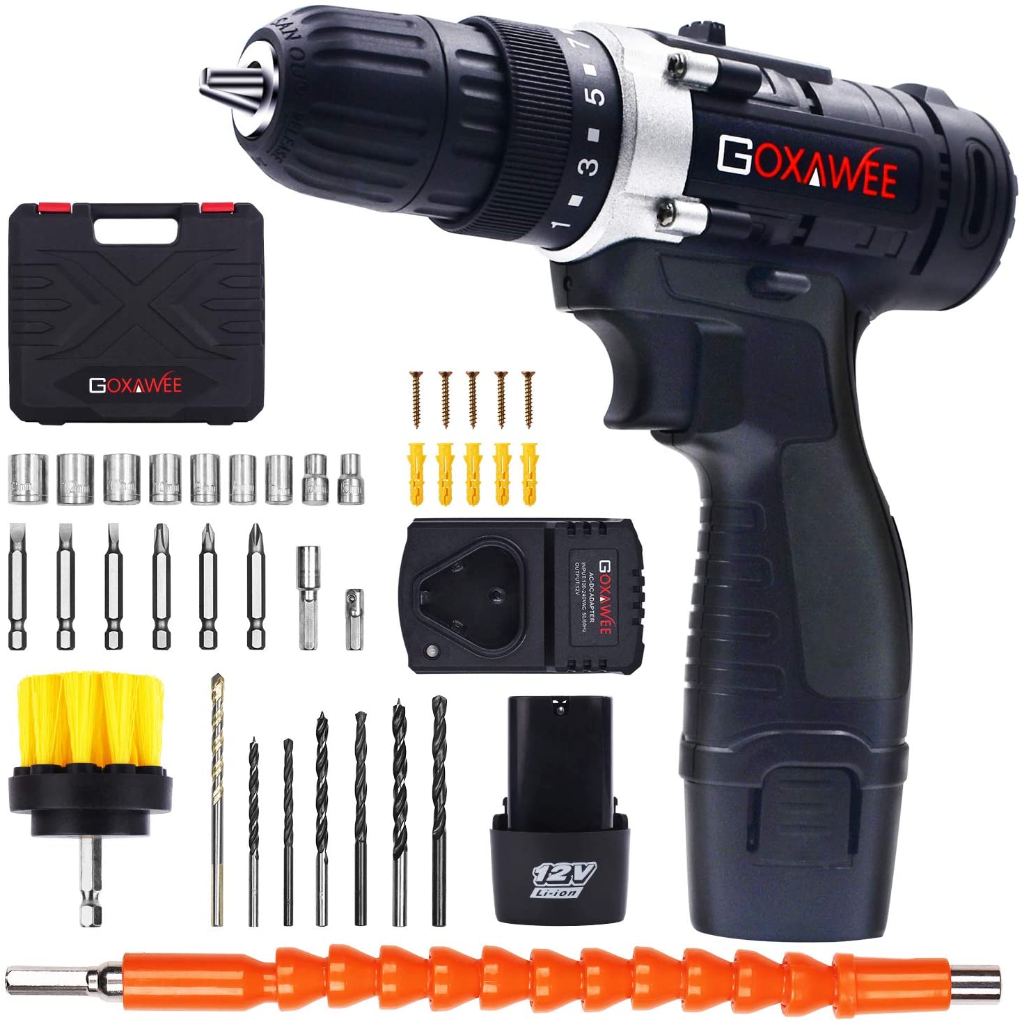 Cordless Drill with 2 Batteries - GOXAWEE Electric Screw Driver Set 100pcs (Max Torque 30Nm, 2-Speed, 10mm Automatic Chuck) for Home Improvement & DIY Project