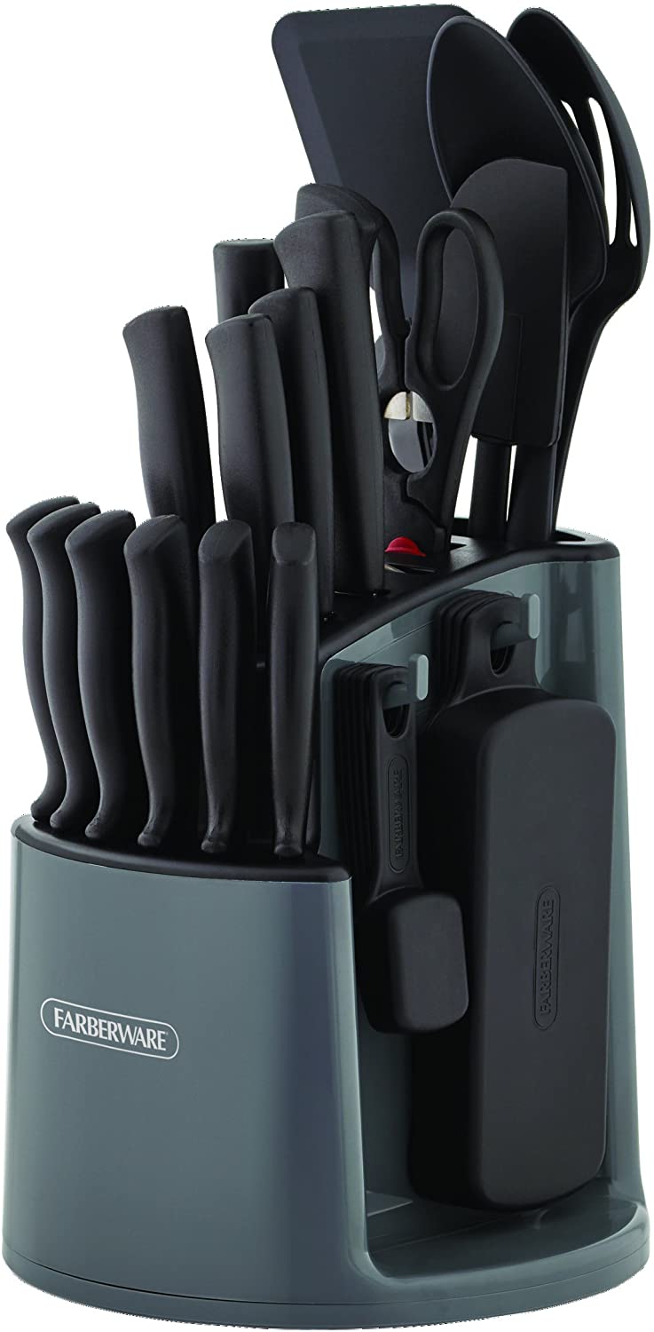 Farberware 5169370 30-Piece Spin-and-Store Knife and Kitchen Tool Set with Rotating Storage Caddy, Black