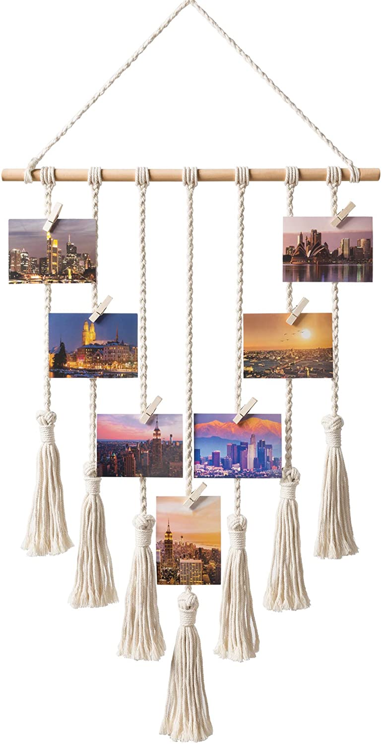 Mkono Hanging Photo Display Macrame Wall Hanging Pictures Decor Boho Chic Home Decoration for Apartment Bedroom Living Room Gallery, with 25 Wood Clips