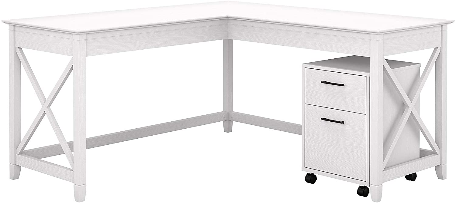 Bush Furniture Key West 60W L Shaped Desk with 2 Drawer Mobile File Cabinet, Pure White Oak