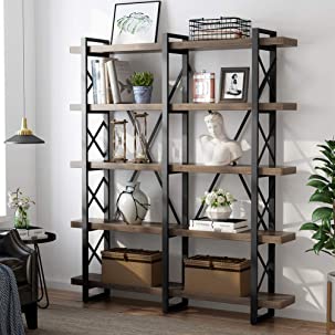 LITTLE TREE 5-Tier Double Wide Open Bookcase, Solid Wood Industrial Large Metal Bookcases Furniture, Vintage 5 Shelf Bookshelf Etagere Book Shelves for Home Office Decor Display, Retro Brown