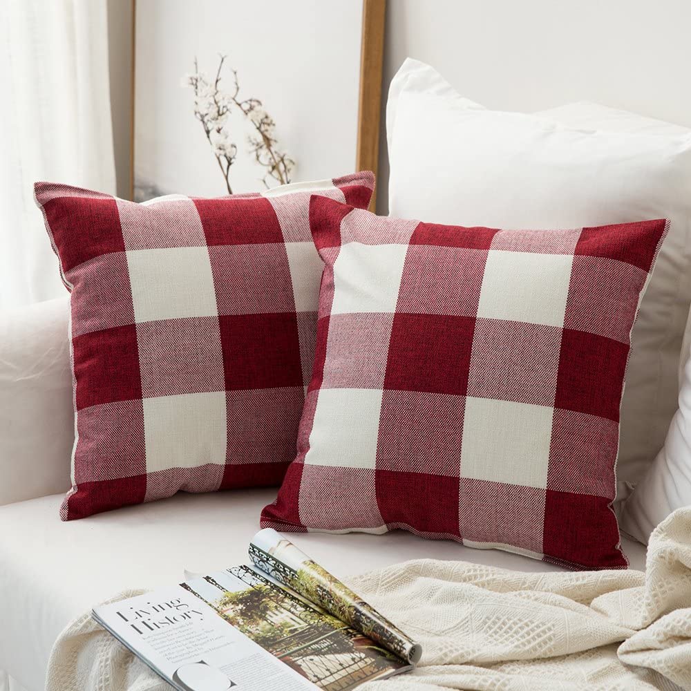 MIULEE Pack of 2 Classic Retro Checkers Plaids Cotton Linen Soft Soild Square Throw Pillow Covers Home Decor Cushion Case for Sofa Bedroom Car 20 x 20 Inch Red and White