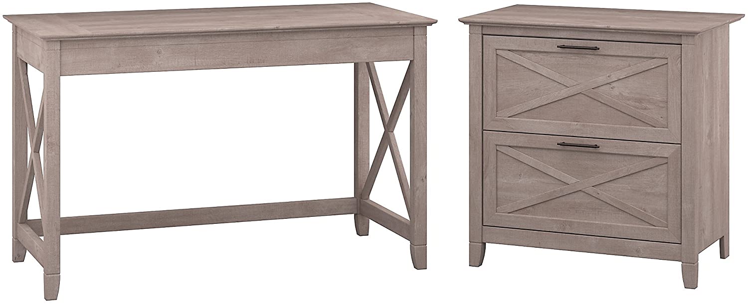 Bush Furniture Key West 48W Writing Desk with 2 Drawer Lateral File Cabinet in Washed Gray