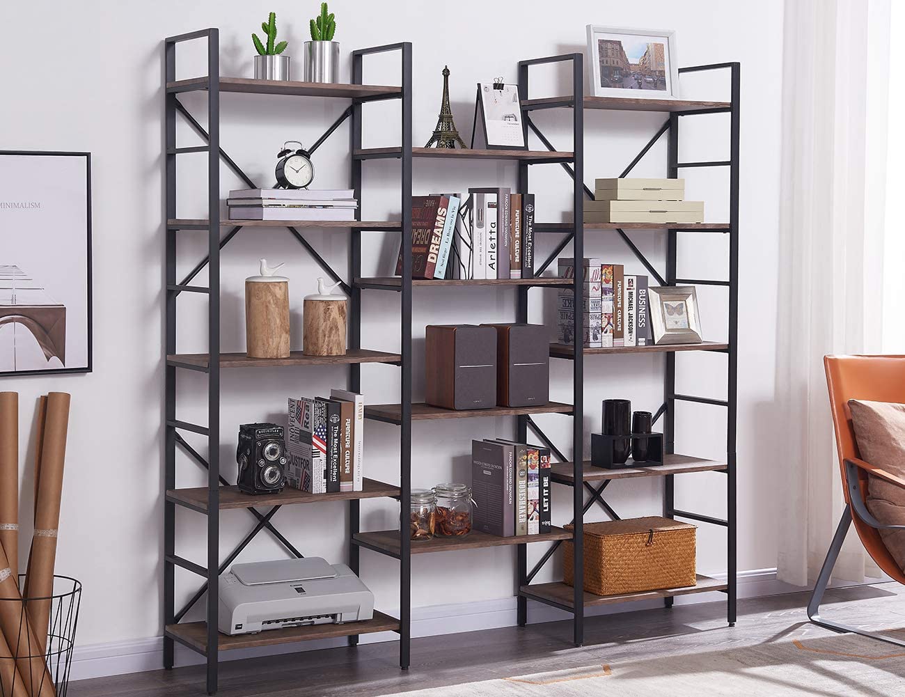 SUPERJARE Triple Wide 5-Tier Bookshelf, Rustic Industrial Style Book Shelf, Wood and Metal Bookcase Furniture for Home & Office - Vintage Brown