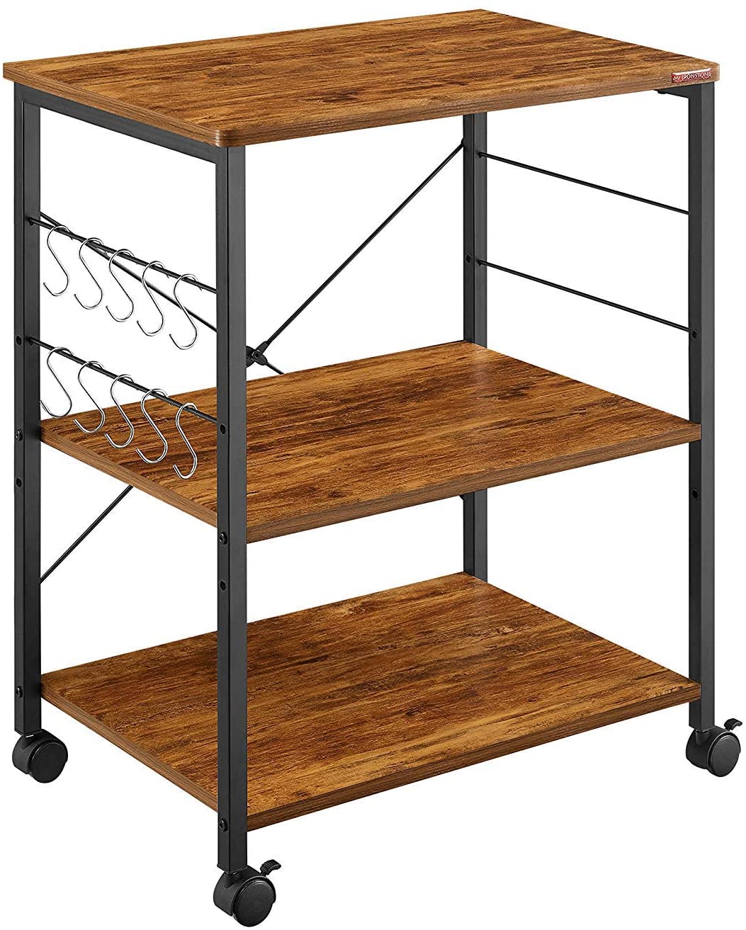 Mr IRONSTONE Kitchen Microwave Cart 3-Tier Kitchen Utility Cart Vintage Rolling Bakers Rack with 10 Hooks for Living Room Decoration