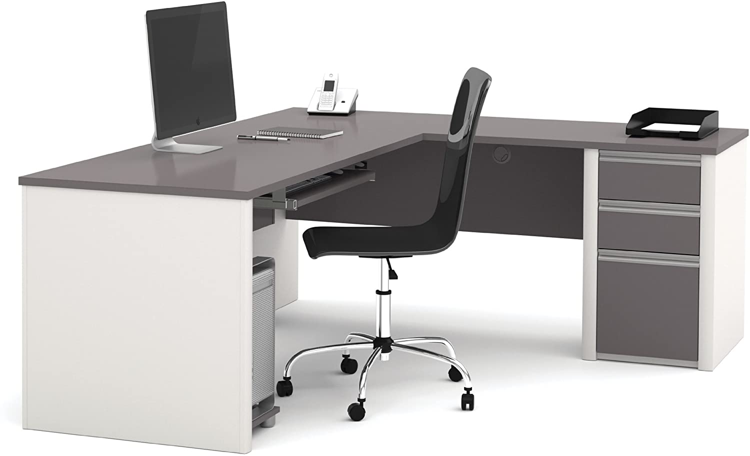 BESTAR Connexion L Shaped Desk with Three Drawers, Slate/Sandstone