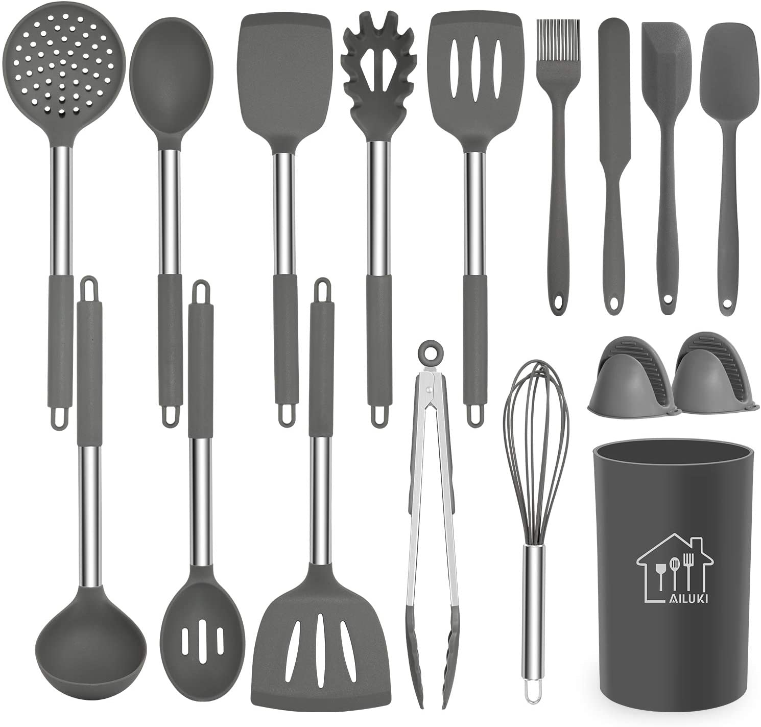 Silicone Cooking Utensil Set, AILUKI Kitchen Utensils 17 Pcs Cooking Utensils Set,Non-stick Heat Resistant Silicone,Cookware with Stainless Steel Handle - Grey