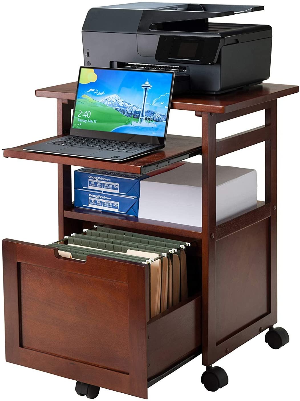 Mobile Printer Stand Cabinet, Portable Office Table with File Cabinet and Open Shelf, TV Cart with Casters, Portable Coffee Machine Stand for Office, End Table and Storage Cart on Wheels