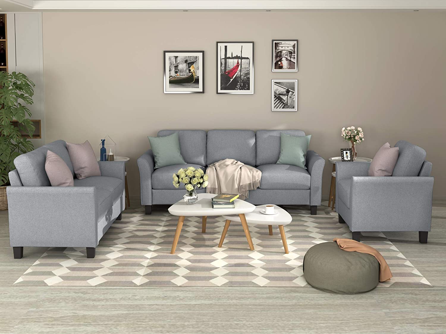 3 Pieces Living Room Sets, Living Room Furniture Sofa Set Include Armchair Loveseat Couch